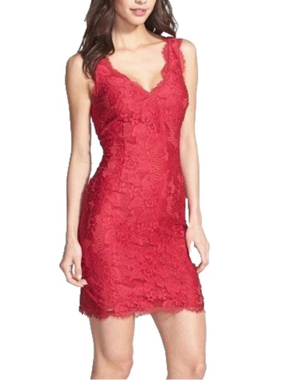 Adrianna Papell Dress Red Lace Double V-Neck Sleeveless Sheath Party 12 New$169